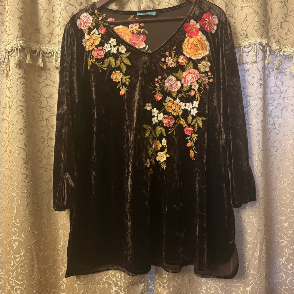 April Sky Floral Embroidered Velvet Top-2X